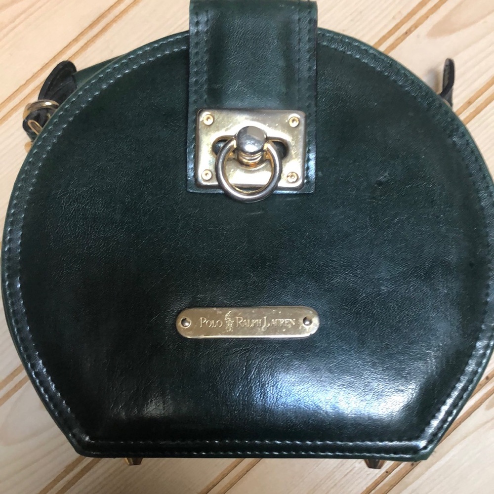Ralph Lauren Polo Vintage Round Bag Dark Green Leather Makeup Jewelry Case Purse